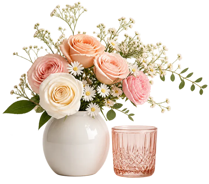 Pink and cream bouquet in a white vase beside a blush glass on marble